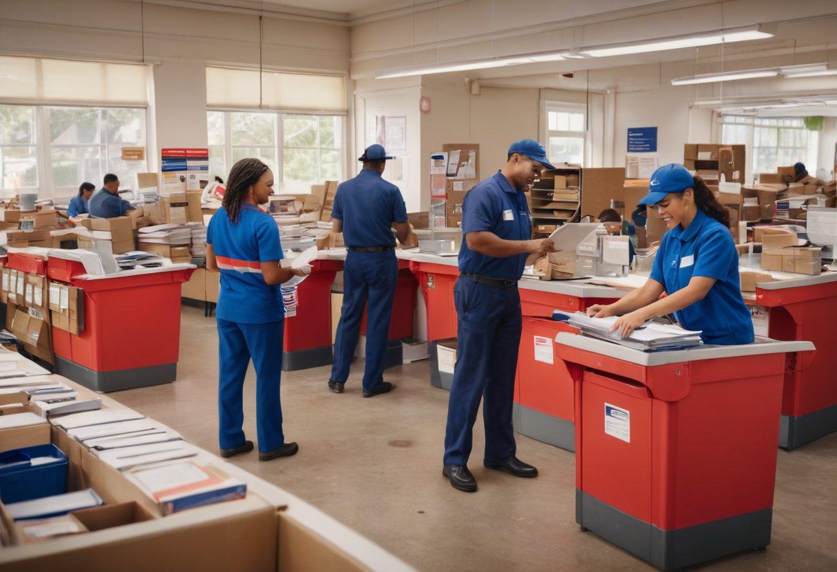 A bustling post office scene with diverse postal workers happily sorting mail, delivering packages, and assisting customers at the counter. Highlight various roles like mail carriers, sorting clerks, and customer service representatives. Include colorful mailboxes, postal trucks, and an efficient, organized environment. vibrant colors. super-realistic.