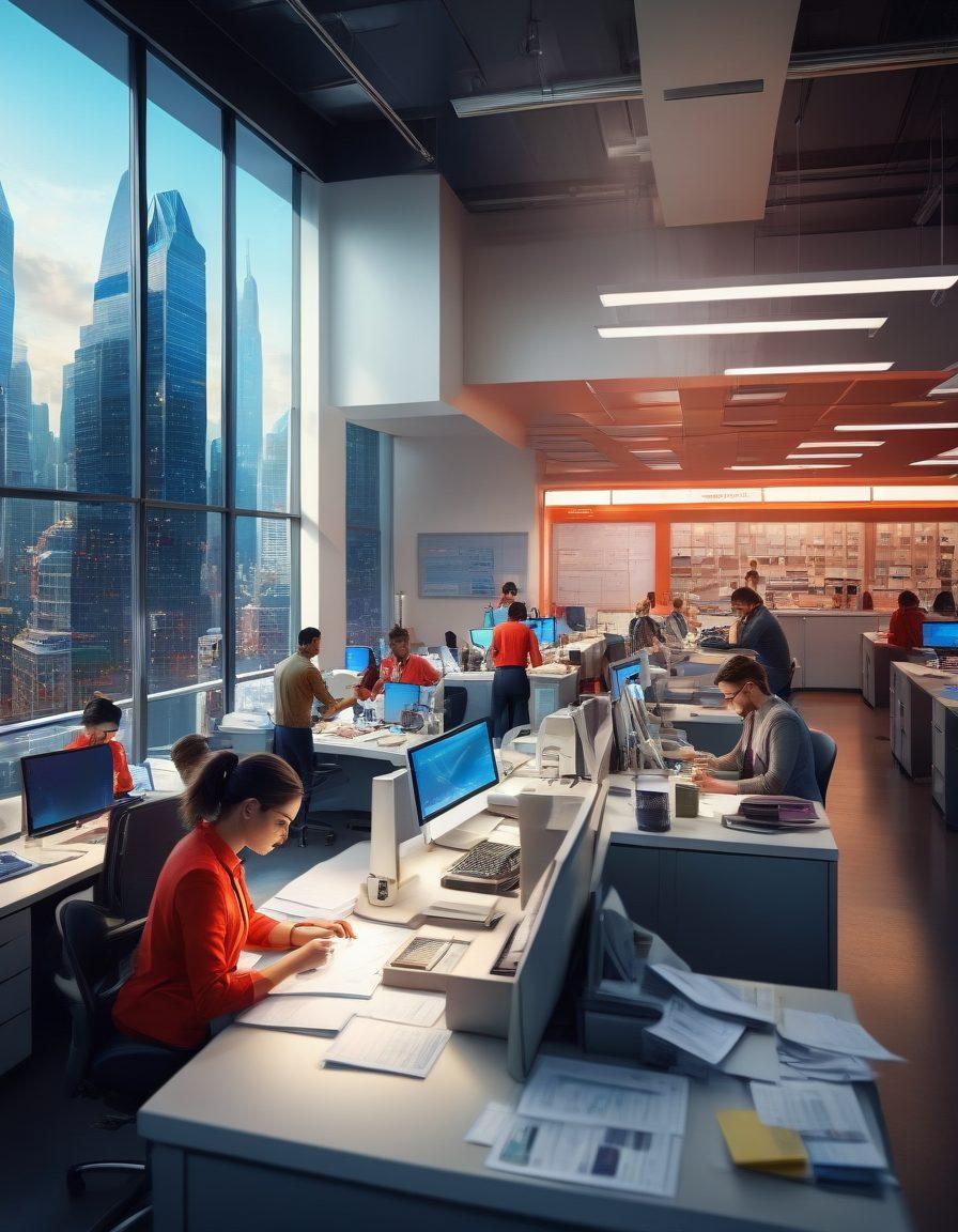 A modern post office with a dynamic, energetic atmosphere, featuring diverse professionals working passionately at their desks, sorting mail, and using state-of-the-art technology. In the background, a futuristic cityscape symbolizing growth and security. vibrant colors. super-realistic. bustling yet organized environment.