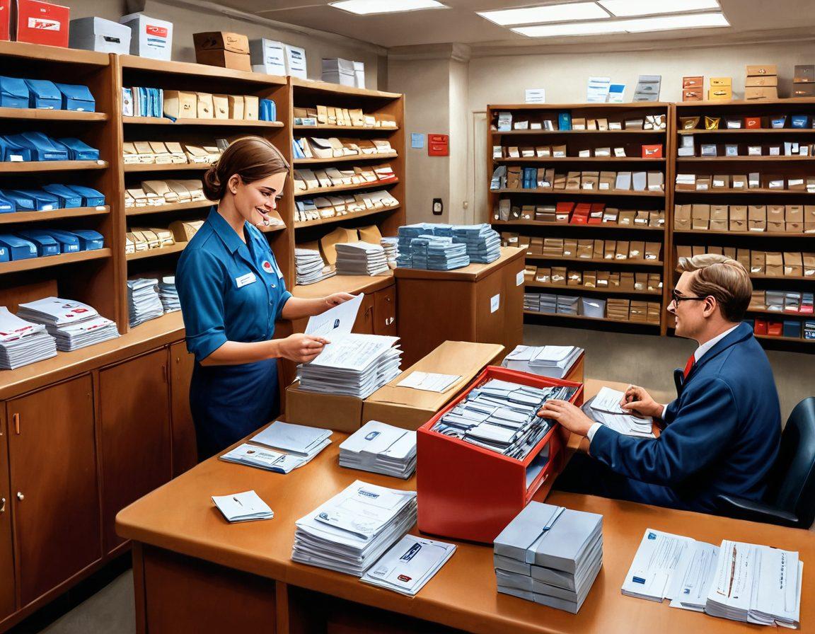 A bustling post office interior showcasing diverse roles - a postman in uniform delivering mail, a mail sorter at work organizing letters, and a customer service representative assisting a customer at the counter. Background filled with shelves of sorted mail and parcels. Digital painting. vibrant colors. realistic.